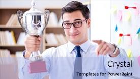  Presentation with prize - Colorful slide deck enhanced with formal award - young businessman receiving prize cup backdrop and a light blue colored foreground