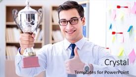  Presentation with prize - Amazing presentation design having formal award - young businessman receiving prize cup backdrop and a light blue colored foreground
