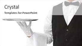  Presentation with waiter hand in white glove - Presentation design consisting of formal banquet - waiter with metal tray background and a white colored foreground