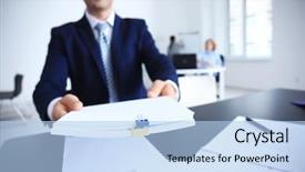  Presentation with historic documents - Presentation theme featuring formal certificate - businessman holding documents in office background and a light blue colored foreground