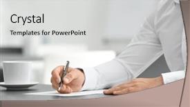  Presentation with document in clinical research - Presentation design consisting of formal certificate - businessman signing document in office background and a light gray colored foreground