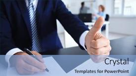  Presentation with office - PPT theme enhanced with formal certificate - businessman signing documents in office background and a light blue colored foreground