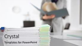  Presentation with leather craft work table - Slides having formal certificate - stack of documents on table background and a light gray colored foreground