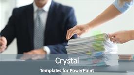  Presentation with office workers - PPT theme having formal certificate - stack of documents on table background and a gray colored foreground