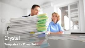  Presentation with office workers - Cool new presentation theme with formal certificate - stack of documents on table backdrop and a gray colored foreground