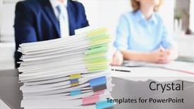  Presentation with office workers - Beautiful slide set featuring formal certificate - stack of documents on table backdrop and a light gray colored foreground
