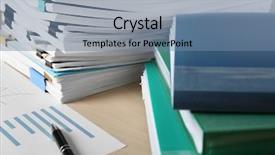  Presentation with tan book stack stacks of books - Audience pleasing presentation design consisting of formal certificate - stacks of documents on table backdrop and a  colored foreground