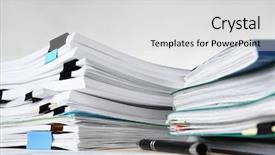  Presentation with tan book stack stacks of books - PPT theme with formal certificate - stacks of documents on table background and a light gray colored foreground