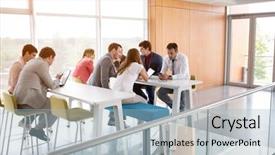  Presentation with company profile - Presentation with formal company profile - young business people leisurely sitting background and a light blue colored foreground