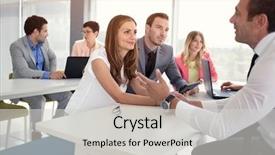  Presentation with young business woman smile show - Slide deck featuring formal company profile - young business woman leisurely talking background and a light gray colored foreground