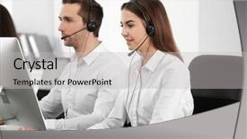  Presentation with managers - Slide deck enhanced with mqanaging customer service - consulting managers with headsets background and a light gray colored foreground