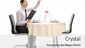  Presentation with restaurant waiter - PPT theme having sitting at a restaurant background and a light gray colored foreground