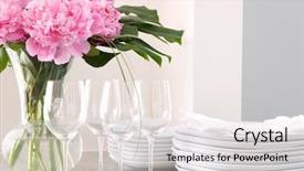  Presentation with elegant flowers - Beautiful presentation theme featuring formal dining table seting - wine glasses flowers plates napkins backdrop and a light gray colored foreground