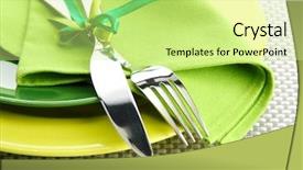  Presentation with empty - Colorful presentation theme enhanced with formal dinner - green empty plates with fork backdrop and a soft green colored foreground