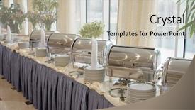  Presentation with shiny new lignite power - Cool new theme with formal dinner - table with dishware and shiny backdrop and a soft green colored foreground