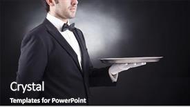  Presentation with waiter - Beautiful PPT layouts featuring formal dinner - waiter holding empty silver tray backdrop and a dark gray colored foreground