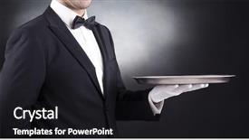  Presentation with waiter - Cool new PPT layouts with formal dinner - waiter holding empty silver tray backdrop and a dark gray colored foreground