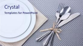  Presentation with spoon - Slide set with formal dinner - white empty plates with fork background and a sky blue colored foreground