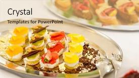  Presentation with appetizers - Audience pleasing theme consisting of formal dinner event - appetizers mini desserts on catering backdrop and a  colored foreground