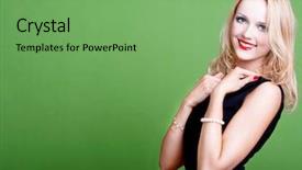  Presentation with green - Beautiful slides featuring formal fashion - sexy blonde businesswoman on green backdrop and a seafoam green colored foreground