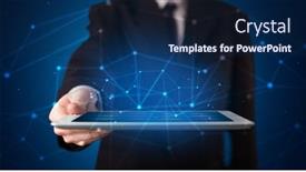  Presentation with virtual hand - Amazing presentation design having formal hand in a dark space with virtual connection network concept backdrop and a navy blue colored foreground