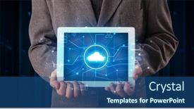  Presentation with virtual hand - Beautiful slide deck featuring formal hand in server room with virtual workspace concept backdrop and a ocean colored foreground