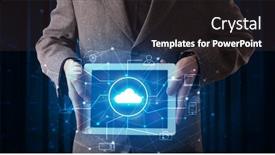  Presentation with virtual hand - Cool new PPT layouts with formal hand in server room with virtual workspace concept backdrop and a dark gray colored foreground