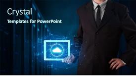  Presentation with virtual hand - Cool new presentation theme with formal hand in server room with virtual workspace concept backdrop and a navy blue colored foreground