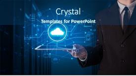  Presentation with virtual hand - Slide deck having wifi security - formal hand in server room background and a ocean colored foreground