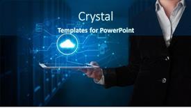  Presentation with virtual hand - Presentation with formal hand in server room with virtual workspace concept background and a ocean colored foreground