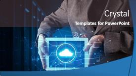  Presentation with virtual hand - Presentation design with formal-hand-in-server-room background and a dark gray colored foreground