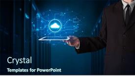  Presentation with server - Beautiful PPT theme featuring formal-hand-in-server-room backdrop and a navy blue colored foreground