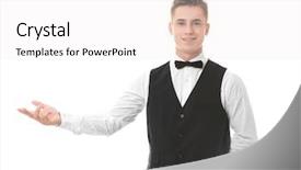  Presentation with waiter hand in white glove - Audience pleasing slide set consisting of formal invitation - handsome young waiter on white backdrop and a white colored foreground