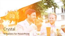  Presentation with food manifacturing - Presentation design featuring formal meal - happy businessmen having food background and a  colored foreground