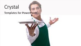  Presentation with catering waiter food event service - Slide set featuring formal meal - young waiter isolated on white background and a white colored foreground