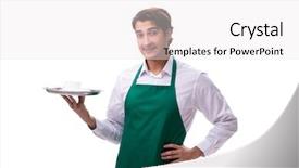 Presentation with waiter - Theme having formal meal - young waiter isolated on white background and a white colored foreground