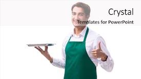  Presentation with catering waiter food event service - Presentation design having formal meal - young waiter isolated on white background and a white colored foreground