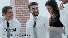  Presentation with new idea innovation - Presentation design featuring formal meeting - business team discussing a new background and a light gray colored foreground