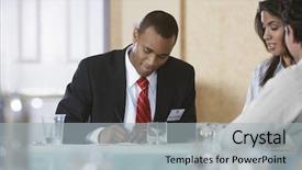  Presentation with coworkers - Beautiful slide set featuring formal meeting - businessman writing on document backdrop and a light gray colored foreground