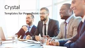  Presentation with invitation for conference - Presentation design consisting of formal meeting - happy businessmen sitting at conference background and a white colored foreground