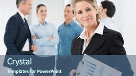  Presentation with formal - Slide deck having formal meeting - portrait of happy mature businesswoman background and a ocean colored foreground