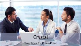  Presentation with office workers - Beautiful slides featuring formal meeting - portrait of three co-workers discussing backdrop and a light blue colored foreground