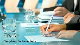  Presentation with potter hands making in clay - Presentation consisting of formal meeting - row of hands making notes background and a light blue colored foreground