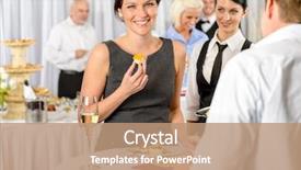  Presentation with catering - Presentation design consisting of formal party - business woman eat dessert background and a coral colored foreground