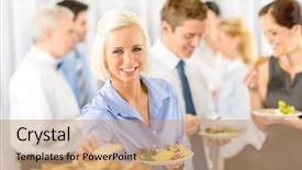  Presentation with young business woman smile show - Slide deck consisting of formal party - smiling business woman during company background and a coral colored foreground