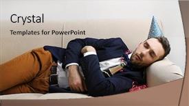  Presentation with formal - PPT theme featuring formal party - young man on couch background and a soft green colored foreground