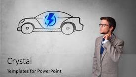  Presentation with electric car - Theme featuring formal person thinking about electric background and a light gray colored foreground