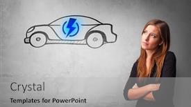  Presentation with electric car - PPT theme enhanced with formal person thinking about electric car concept background and a light gray colored foreground
