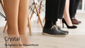  Presentation with formal - Presentation theme enhanced with formal shoe - legs of people sitting background and a coral colored foreground