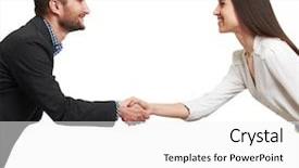  Presentation with shaking hands - Colorful presentation design enhanced with woman and man shaking hand backdrop and a white colored foreground